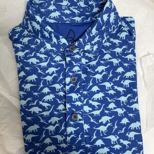 Deolax Polo Shirt Mens Large Light Blue Golf Dinosaur Print Performance Stretch
